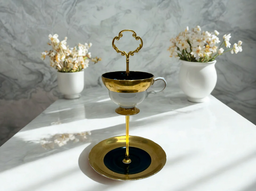 black and gold trim mini teacup and saucer trinket tray